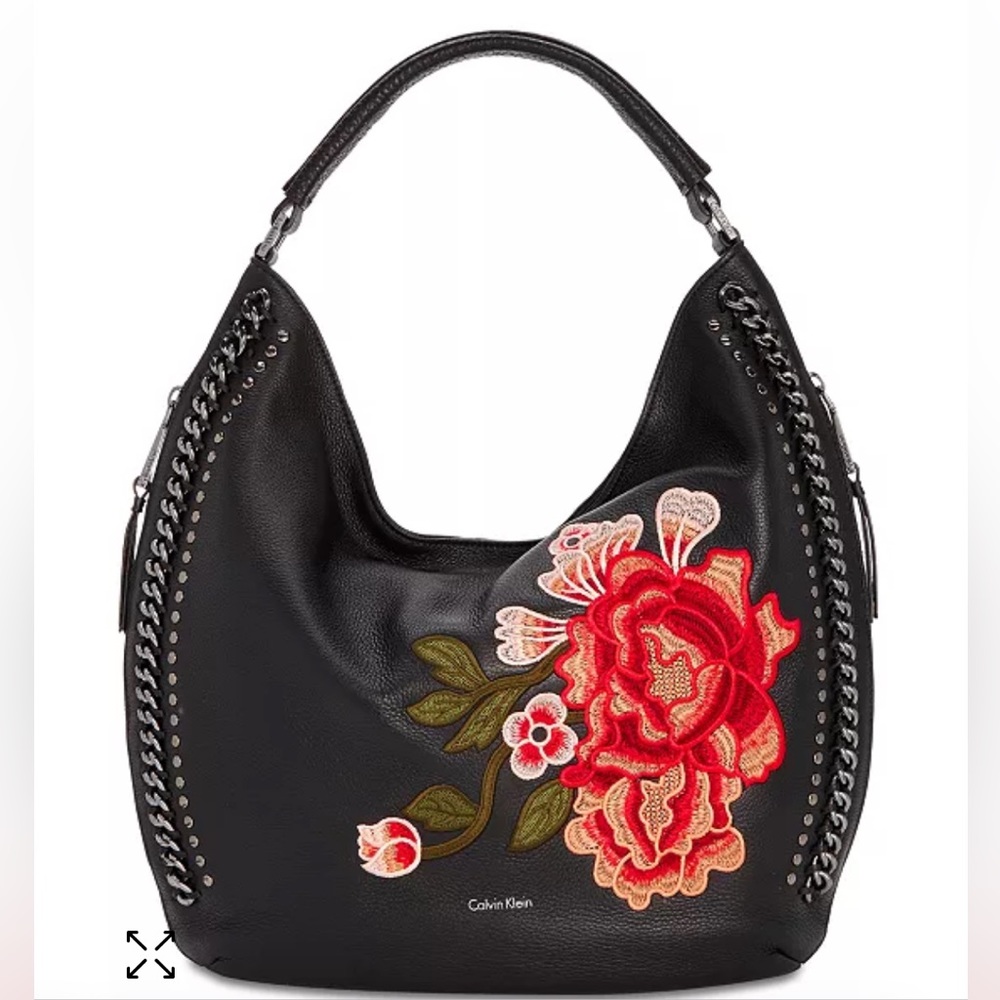 NWT Calvin Klein Samira Pebbled Leather Hobo Bag w/embroidery #Boho